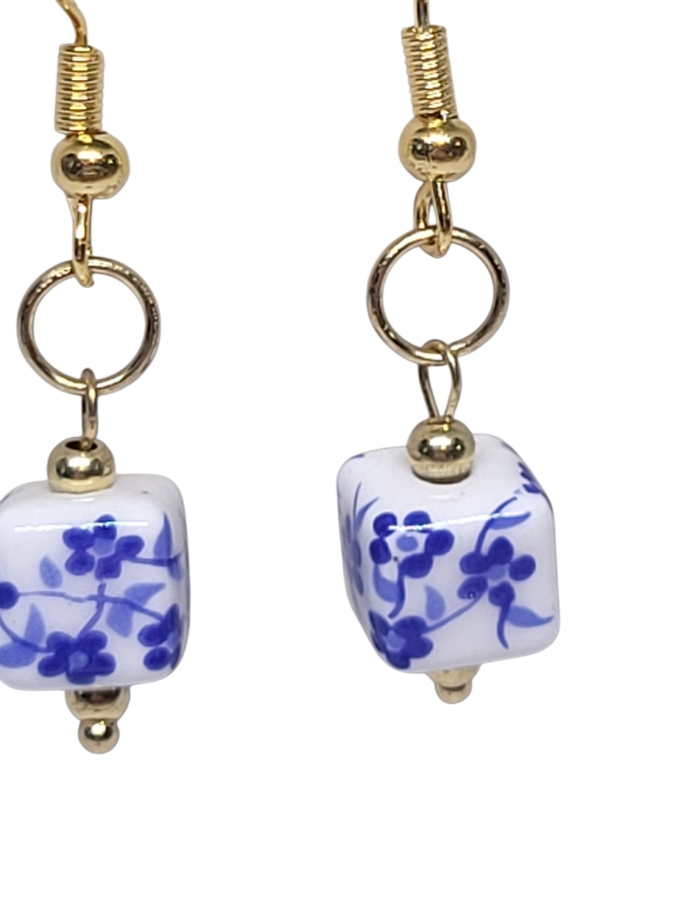 Earrings with Blue Floral Ceramic Cubes